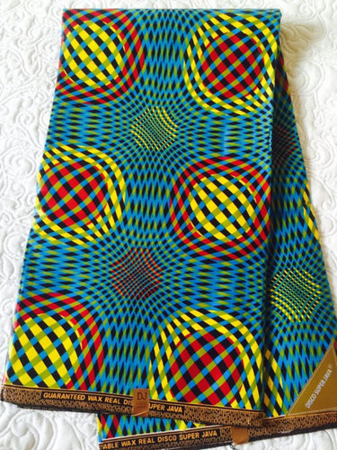 Blue yellow and a touch of red African print fabric